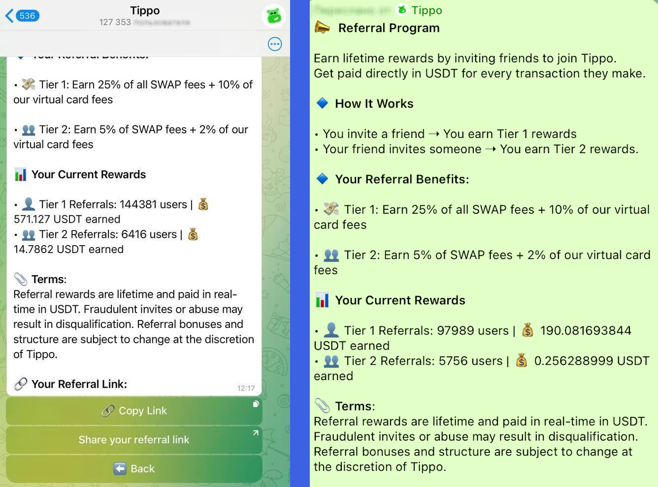 A description of the Tippo referral program's terms and mechanics, and an example of how results are displayed on the user's side.