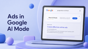 Soft 3D banner in blue-purple tones showing “Ads in Google AI Mode” beside a laptop with AI-powered Google ads interface.
