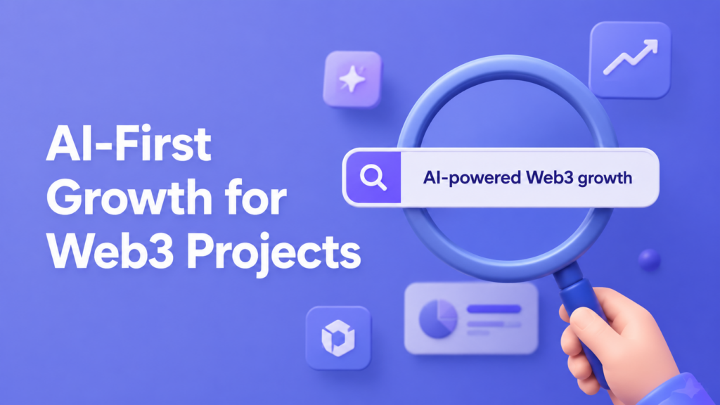 inimal soft 3D tech illustration promoting AI-first growth strategies for Web3 projects.