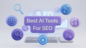 3D illustration of the best AI SEO tools in 2026, with magnifying glass, growth chart, gear, and analytics icons.