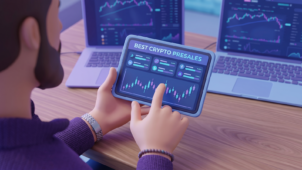 Investor analyzing best crypto presales May 2026 on tablet with token charts and IDO performance dashboard.