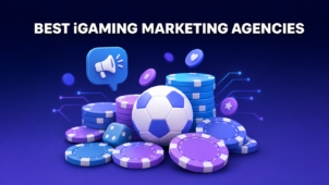 Best iGaming marketing agencies article cover — 3D casino chips, soccer ball, dice, and megaphone icon on a dark blue gradient background,