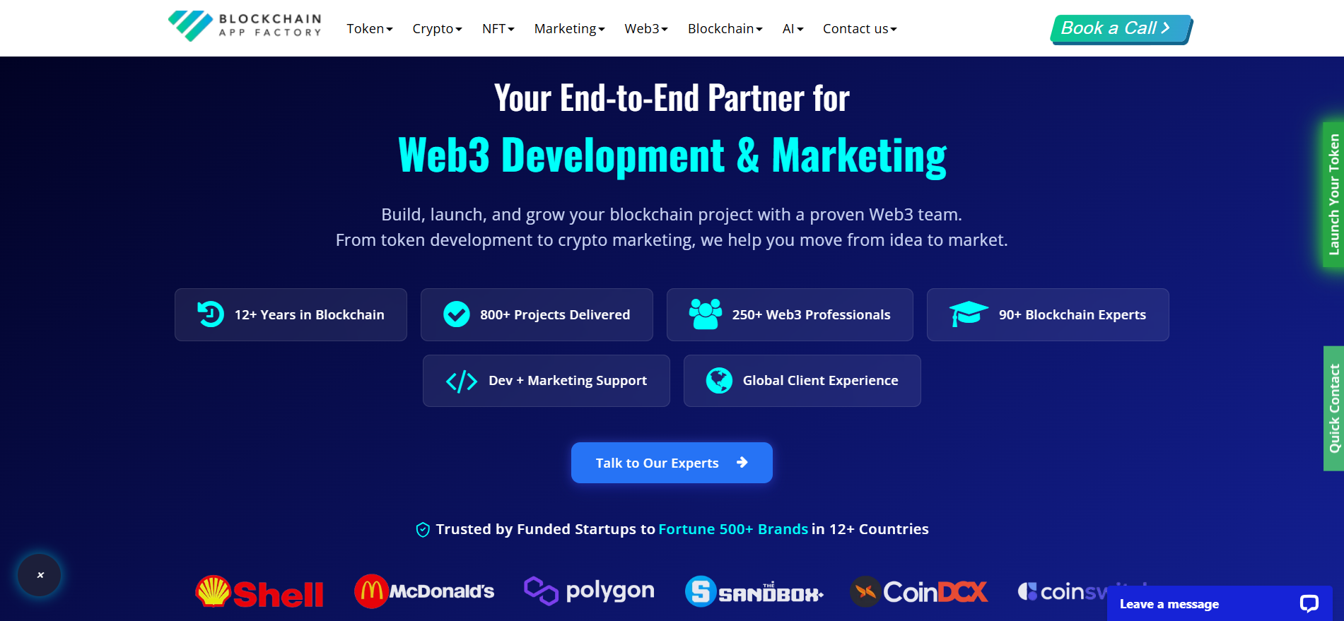 Blockchain App Factory Web3 开发和营销主页 - 从事区块链 12 年以上，交付 800 个以上项目，客户包括 Polygon 和 Shell。
