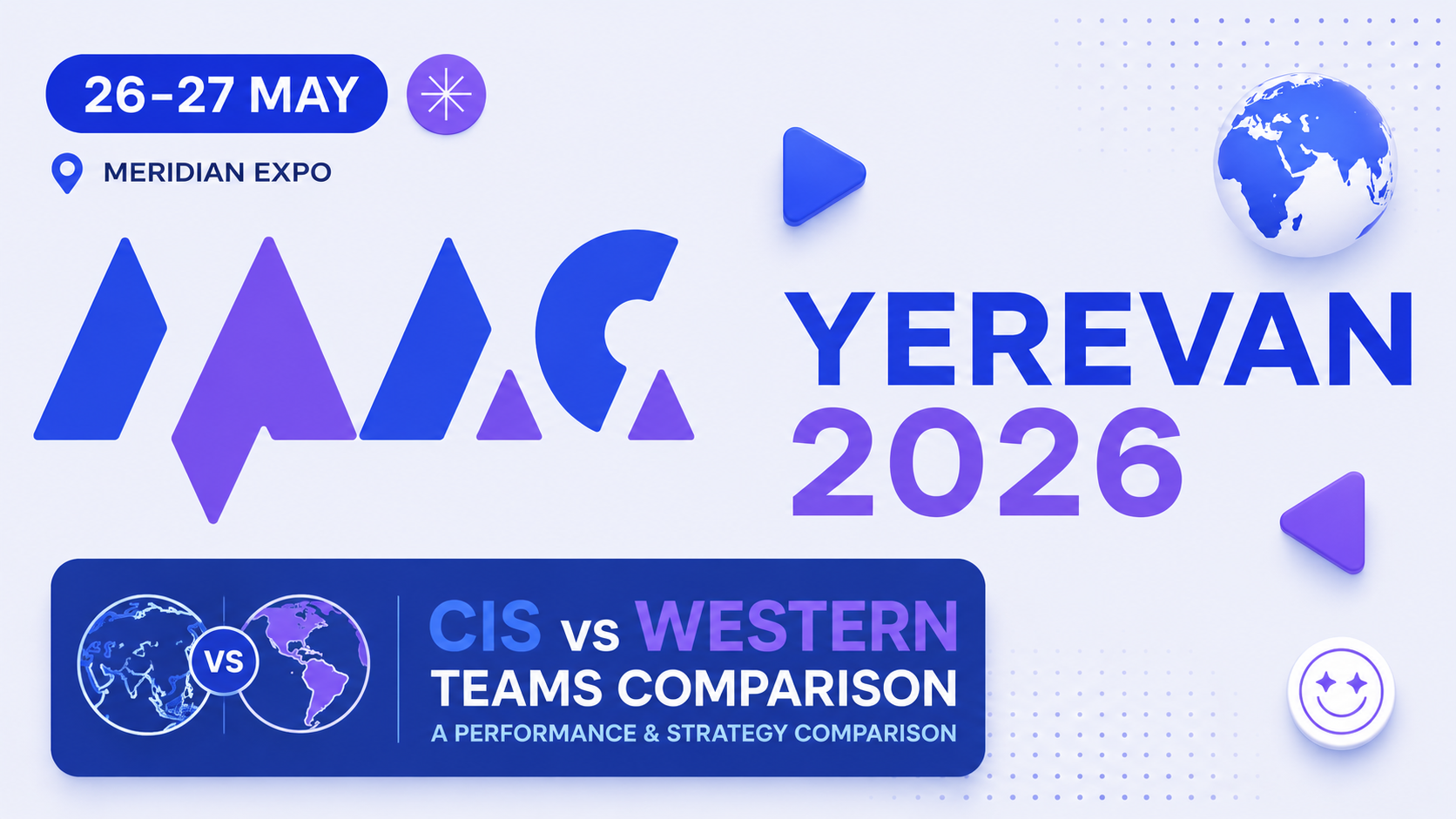 Soft, modern conference poster in a blue and purple tech palette featuring bold geometric branding, “YEREVAN 2026” typography, and event details for 26–27 May at Meridian Expo.
