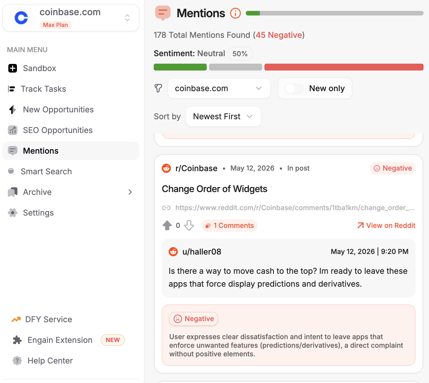 Social listening dashboard showing 178 total Reddit mentions for Coinbase with 45 negative, featuring an r/Coinbase post about dashboard widget customization expressing intent to leave the platform over forced display of predictions and derivatives.