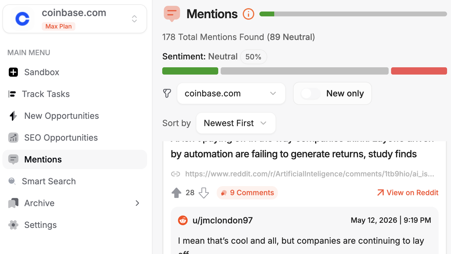 Coinbase Reddit mentions dashboard filtered to 89 neutral results, showing an example neutral mention from r/ArtificialIntelligence where Coinbase is referenced alongside Gitlab and Amazon in a comment about company layoffs — classified as neutral with no direct opinion on the exchange.