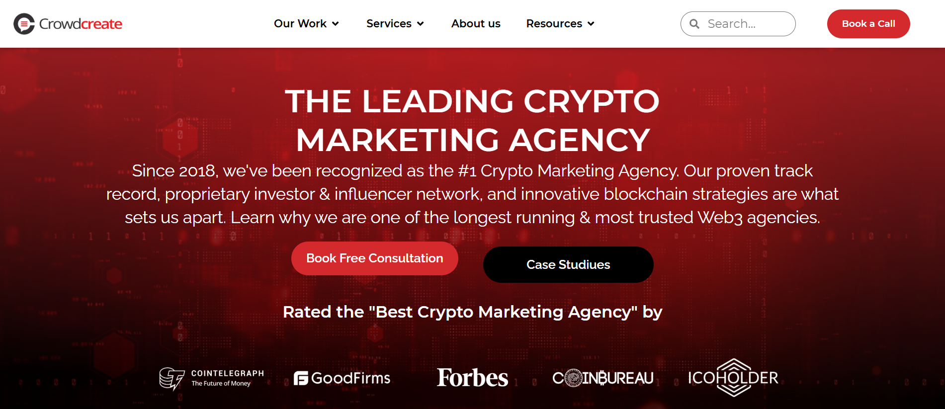Crowdcreate 加密货币营销机构主页 - 自 2018 年以来被福布斯、CoinTelegraph、CoinBureau 和 ICOHolder 评为第一大加密货币营销机构。