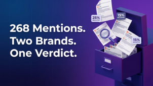 Article cover image for a Reddit brand reputation audit comparing Crypto.com and Coinbase, featuring a 3D filing cabinet overflowing with Reddit post documents and sentiment badges showing 25% negative for Coinbase and 15% negative for Crypto.com, with the headline 