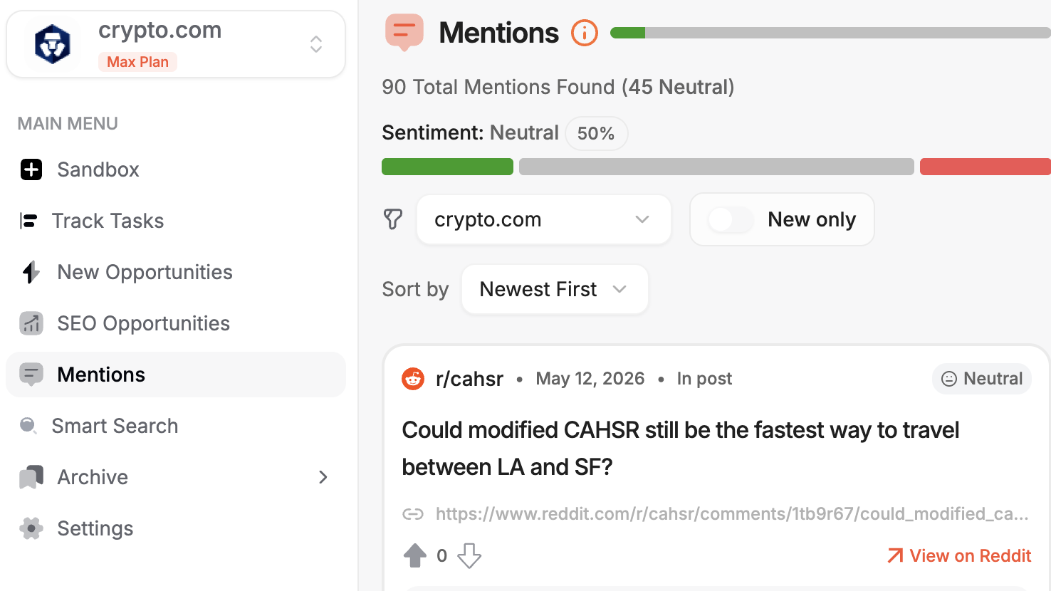 Crypto.com Reddit mentions dashboard filtered to show 45 neutral results, including an r/cahsr post referencing Crypto Arena as a geographic landmark in a discussion about LA to SF travel times — illustrating brand noise unrelated to exchange sentiment.