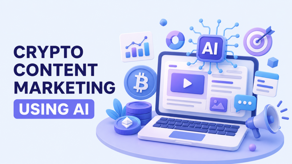 Soft 3D crypto content marketing illustration with AI-powered media creation in blue-purple palette.