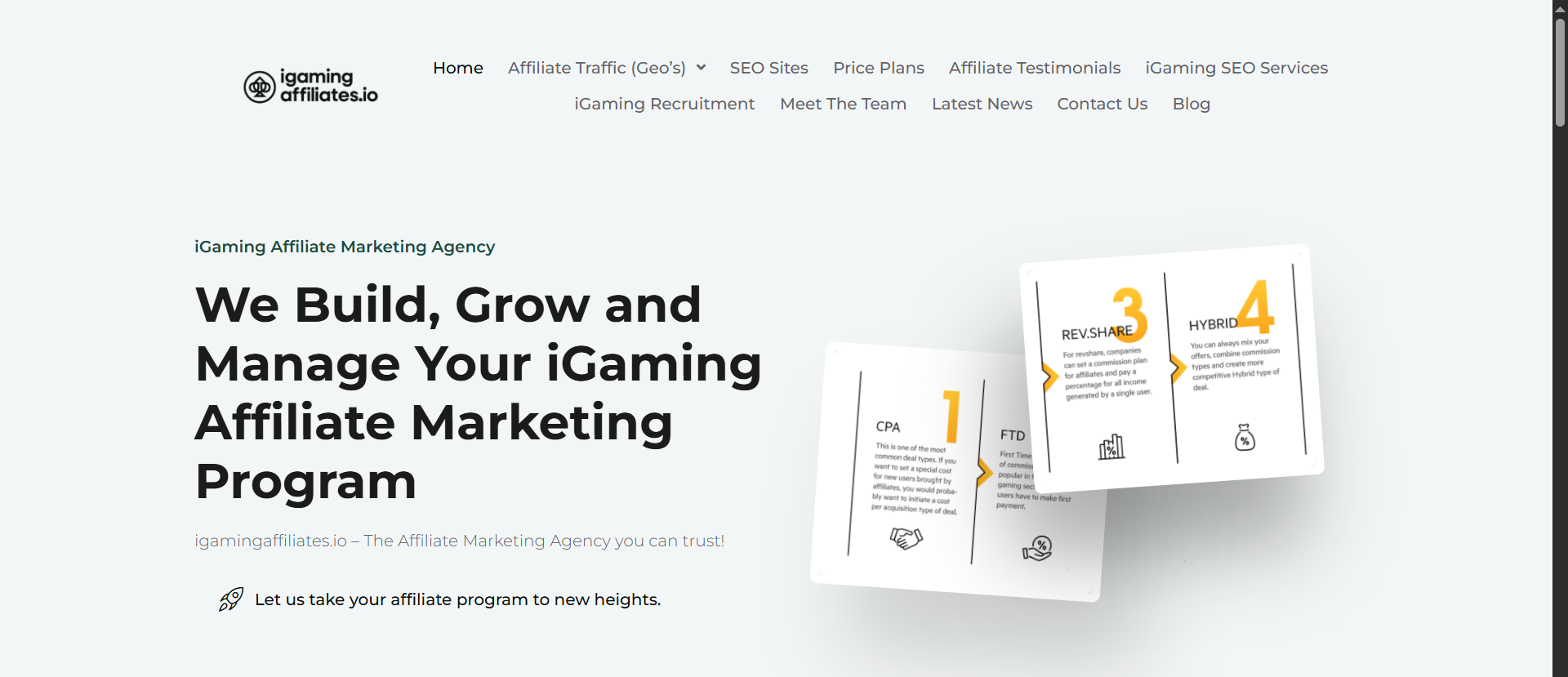 iGaming Affiliates homepage promoting CPA, FTD, and hybrid commission affiliate program management services for casino operators.