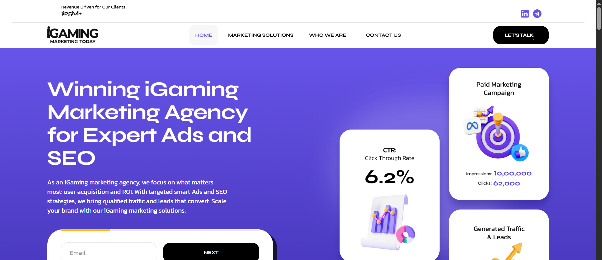 iGaming Marketing Today agency homepage showing 6.2% CTR benchmark and paid ads plus SEO services for online casino operators.