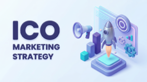 ICO marketing strategy cover illustration: rocket launching beside a megaphone, target, growth bars, and gears representing presale campaign elements.