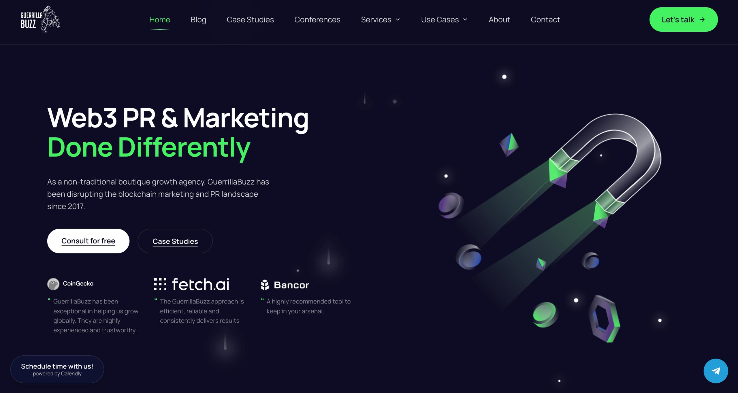 GuerrillaBuzz Web3 PR and marketing agency homepage — blockchain marketing boutique serving CoinGecko, Fetch.ai, and Bancor since 2017