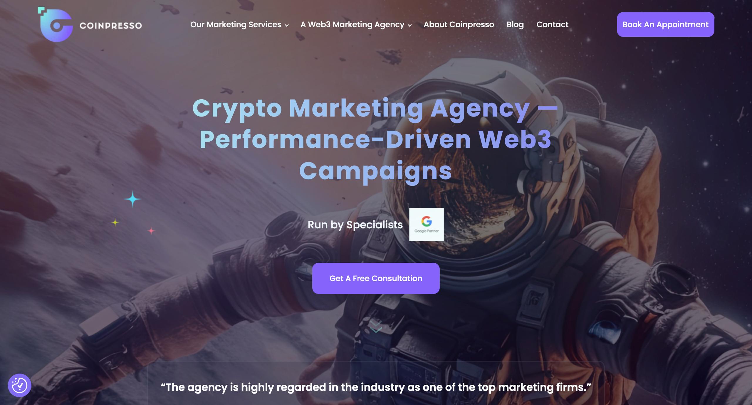 Coinpresso crypto marketing agency homepage — performance-driven Web3 campaigns, Google Partner certified, crypto SEO and PPC specialists