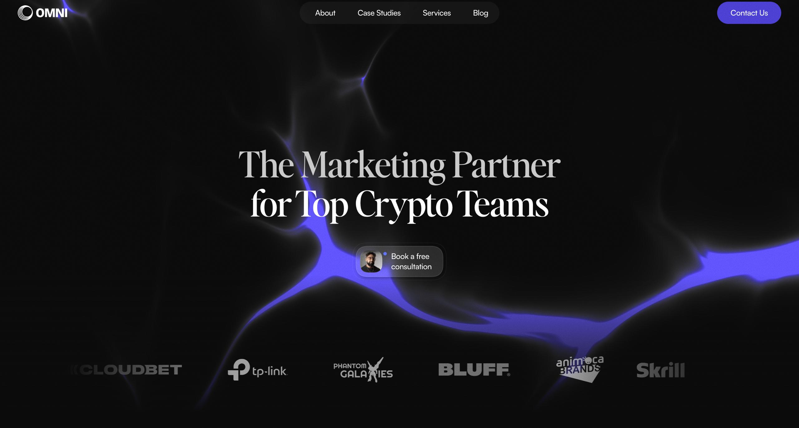 OMNI Agency crypto marketing homepage — Web3 marketing partner for top crypto teams including Cloudbet, Animoca Brands, and Phantom Galaxies