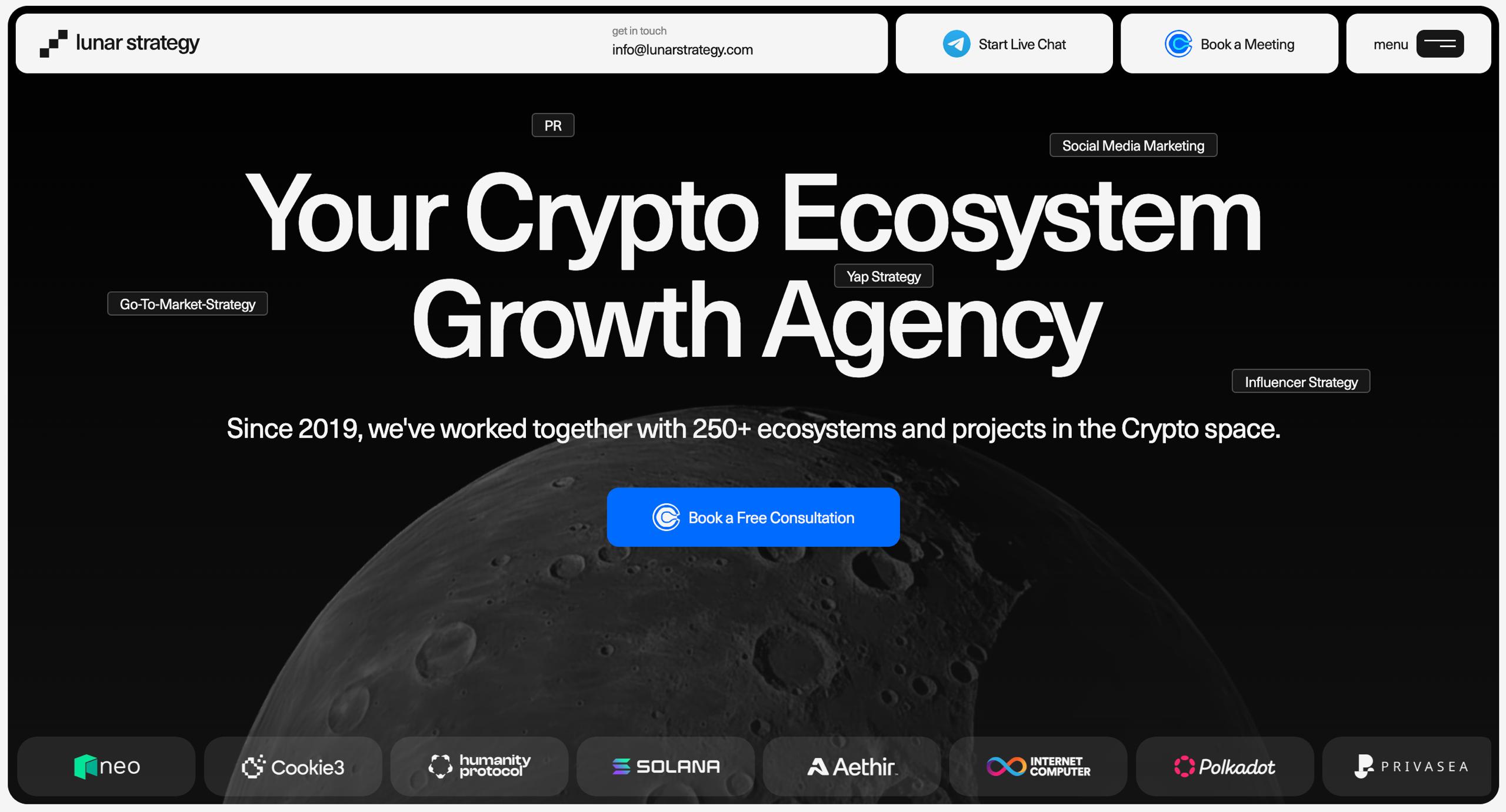 Lunar Strategy crypto ecosystem growth agency homepage — Web3 go-to-market agency since 2019, serving Solana, Polkadot, and 250+ blockchain projects