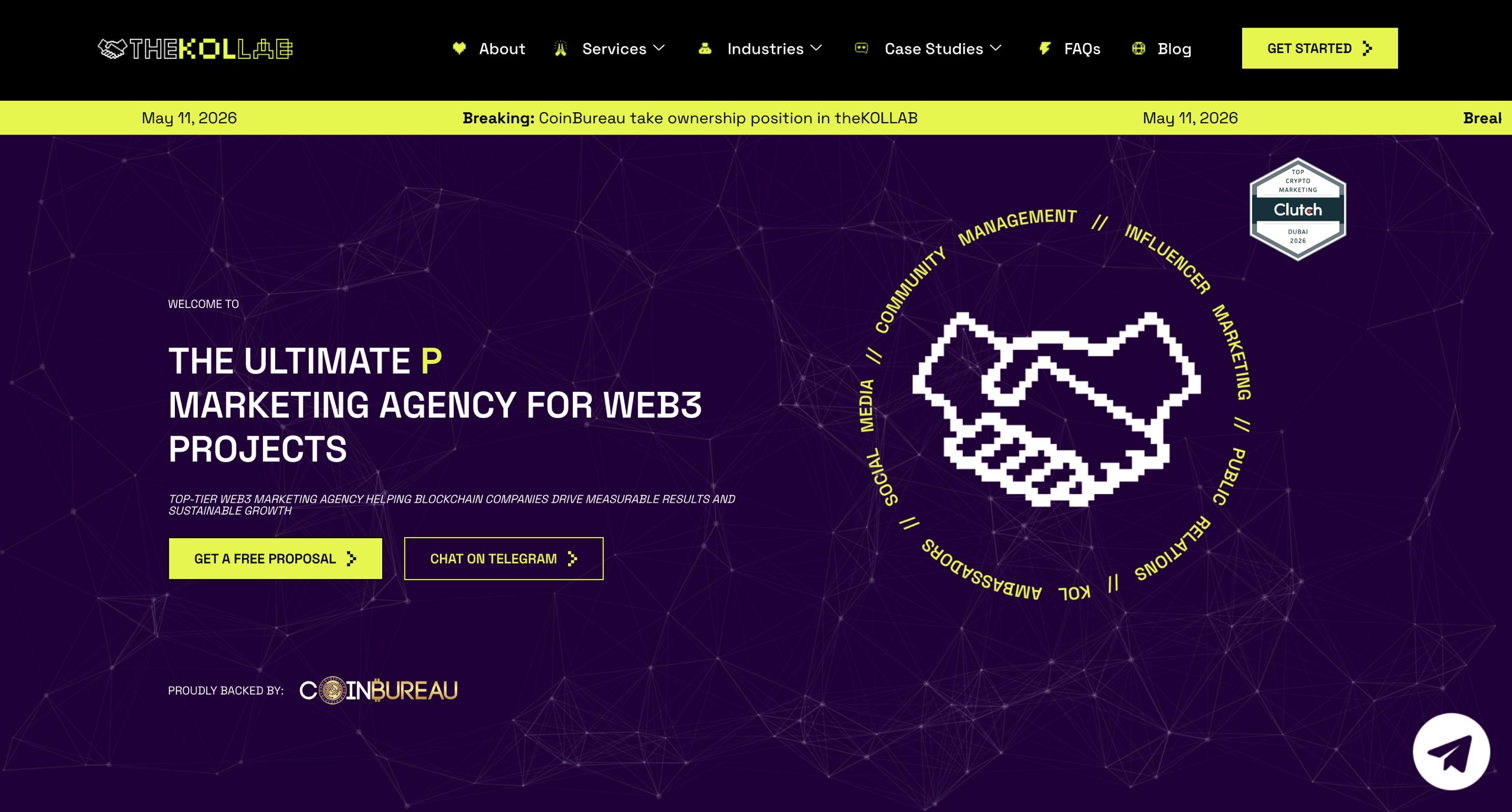 theKOLLAB Web3 marketing agency homepage — KOL marketing and influencer campaigns for blockchain projects, proudly backed by CoinBureau