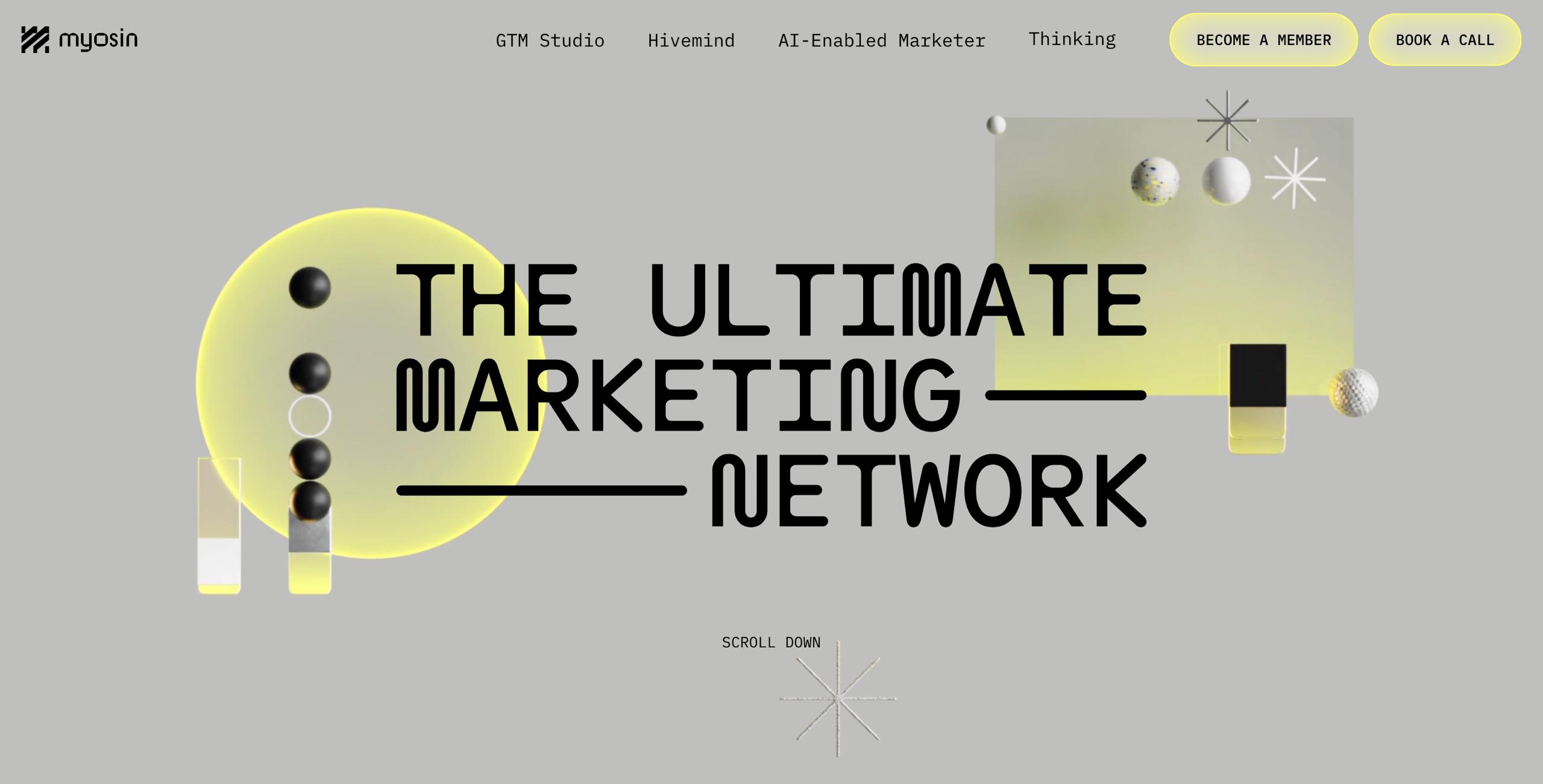 Myosin AI-powered marketing network homepage — DAO-structured Web3 marketing with Hivemind AI and GTM Studio for crypto projects