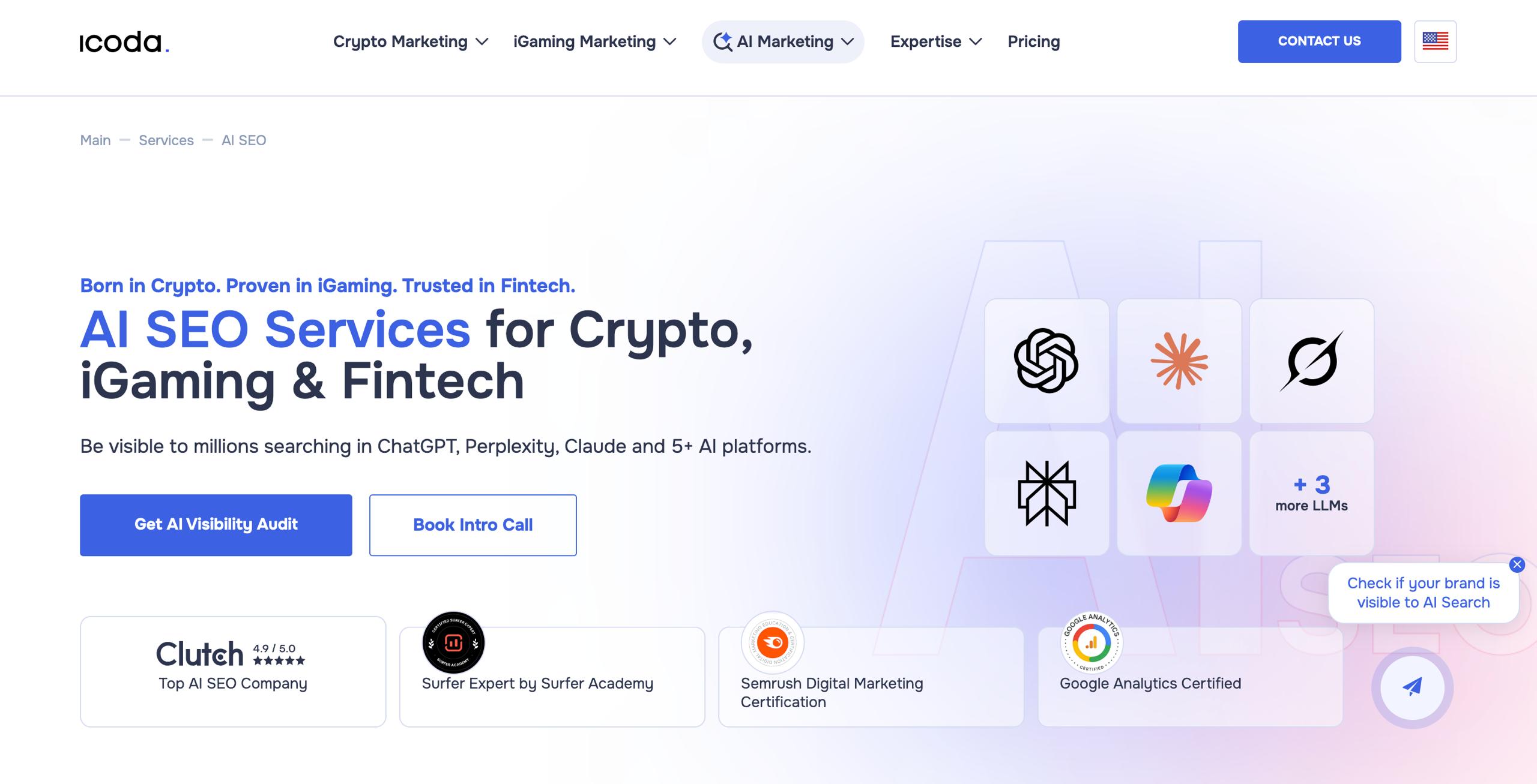 ICODA AI SEO Services homepage — LLM optimization and AEO for crypto, iGaming and fintech, visible in ChatGPT, Perplexity, and 5+ AI platforms, Clutch Top AI SEO Company 4.9/5
