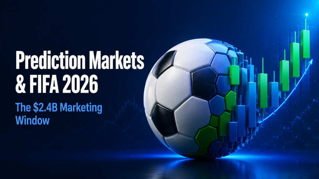 Balón de fútbol con paneles hexagonales que se transforman en un gráfico de velas ascendentes, ilustrando la convergencia de la FIFA 2026 y los mercados de predicción, una oportunidad de comercio y marketing de 2.400 millones de dólares para las marcas de criptomonedas e iGaming.