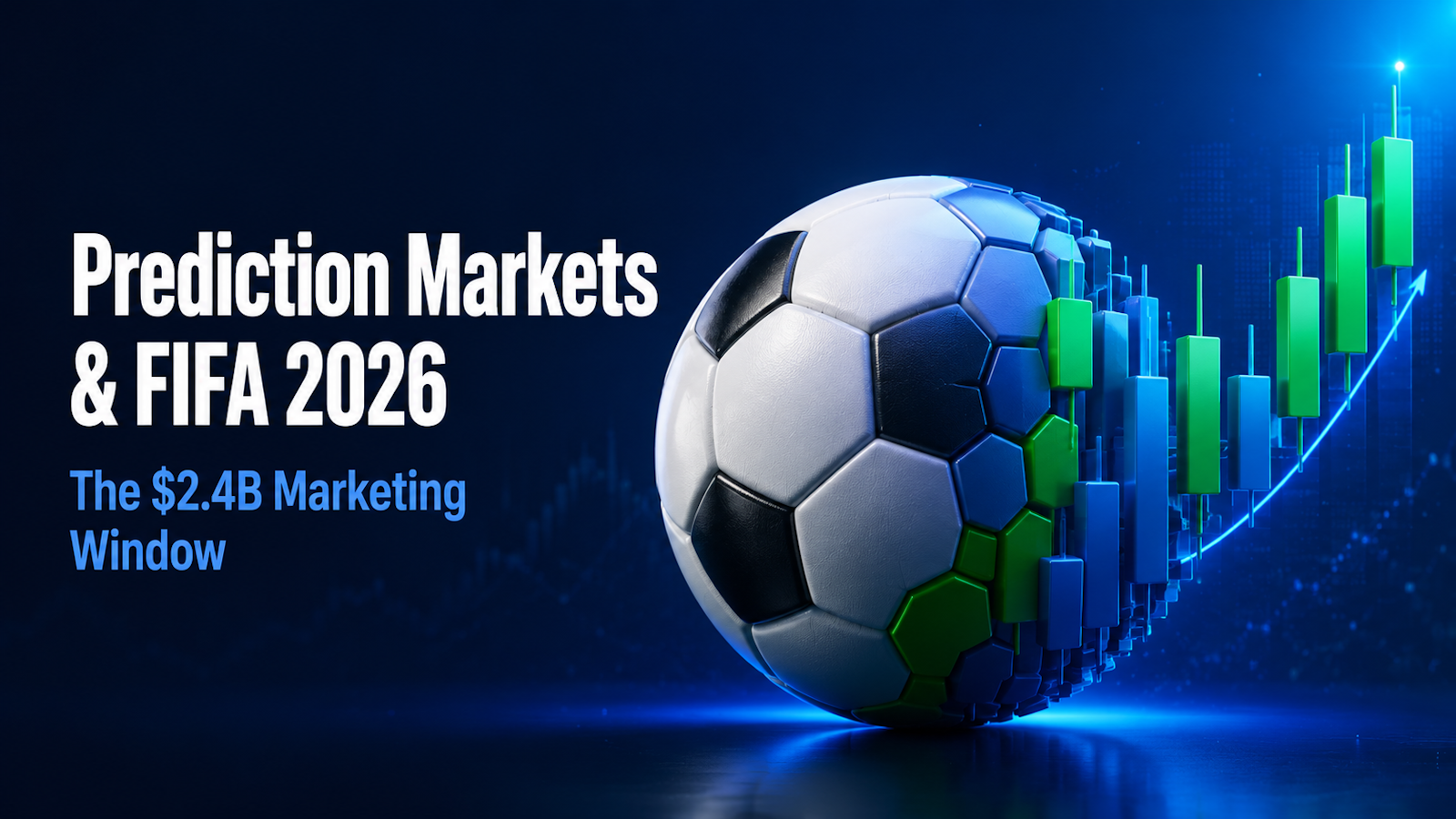 Balón de fútbol con paneles hexagonales que se transforman en un gráfico de velas ascendentes, ilustrando la convergencia de la FIFA 2026 y los mercados de predicción, una oportunidad de comercio y marketing de 2.400 millones de dólares para las marcas de criptomonedas e iGaming.