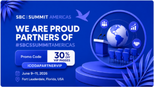 SBC Summit Americas promo banner with blue-indigo 3D conference visuals and a 30% OFF VIP Passes code: ICODAPARTNERVIP.