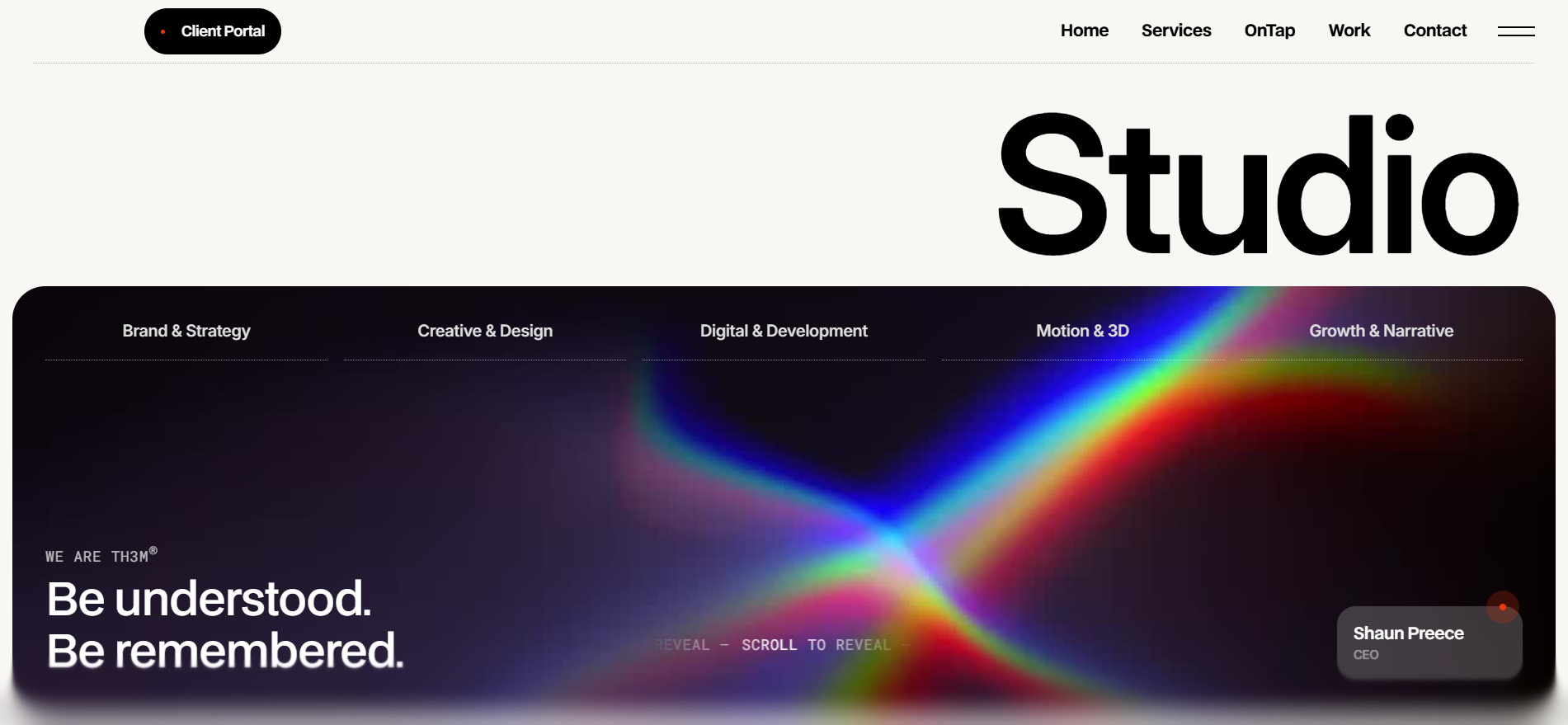 TH3M 主页介绍了一家以 3D 和运动为主导的 Web3 设计公司,为加密货币品牌重塑和发布活动提供服务。