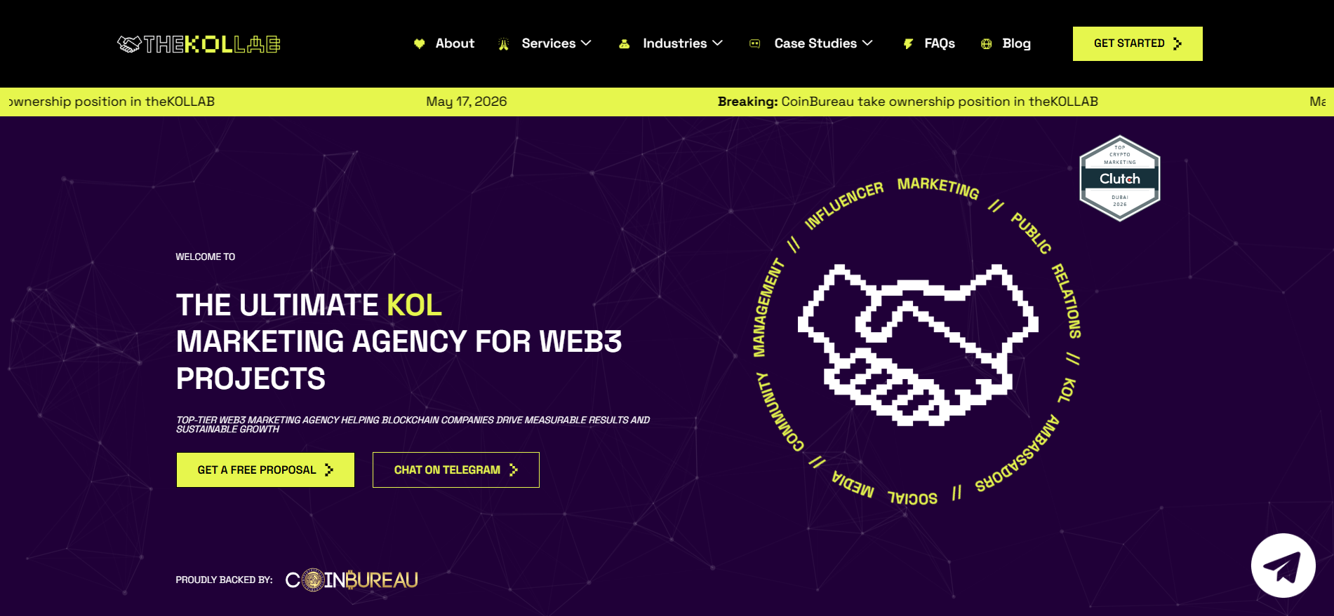 theKOLLAB KOL 营销机构主页 - Web3 项目的影响者营销、社区管理和 PR，由 CoinBureau 提供支持。