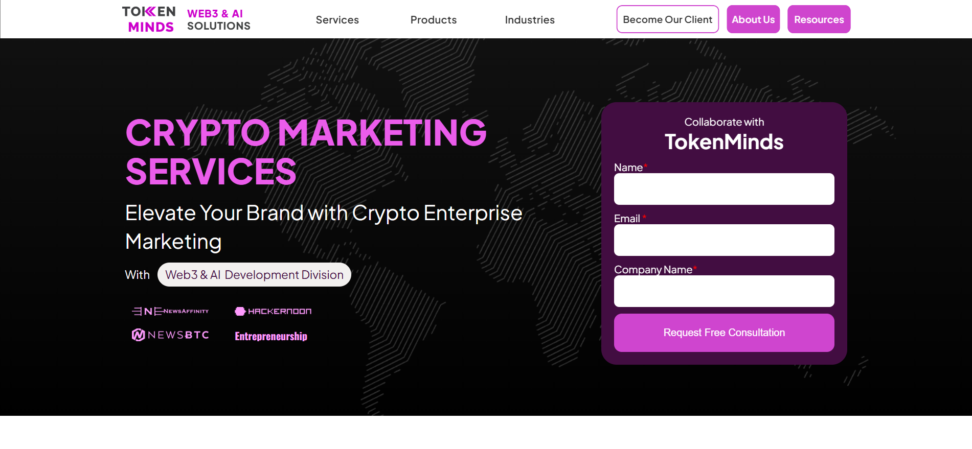 Token Minds 加密货币营销服务主页 - Web3 和人工智能企业营销与区块链综合开发部门。