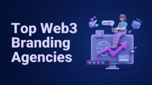 Cover illustration for the Top 10 Web3 Design Agencies for Crypto Branding guide, featuring 3D growth, ratings, and global reach motifs.