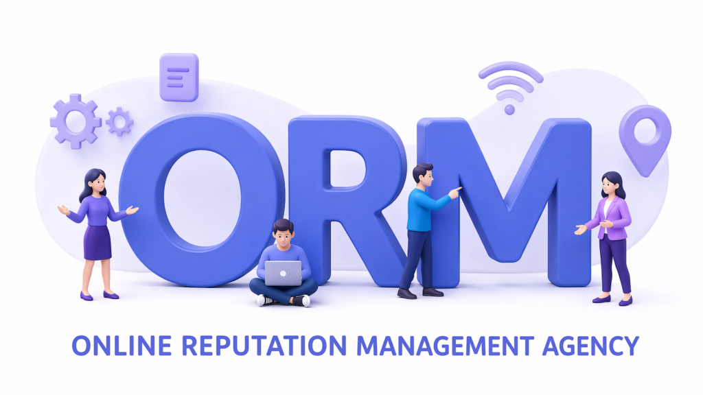 3D illustration of four people working around large ORM letters with gear, document, WiFi, and location pin icons, captioned "Online Reputation Management Agency".