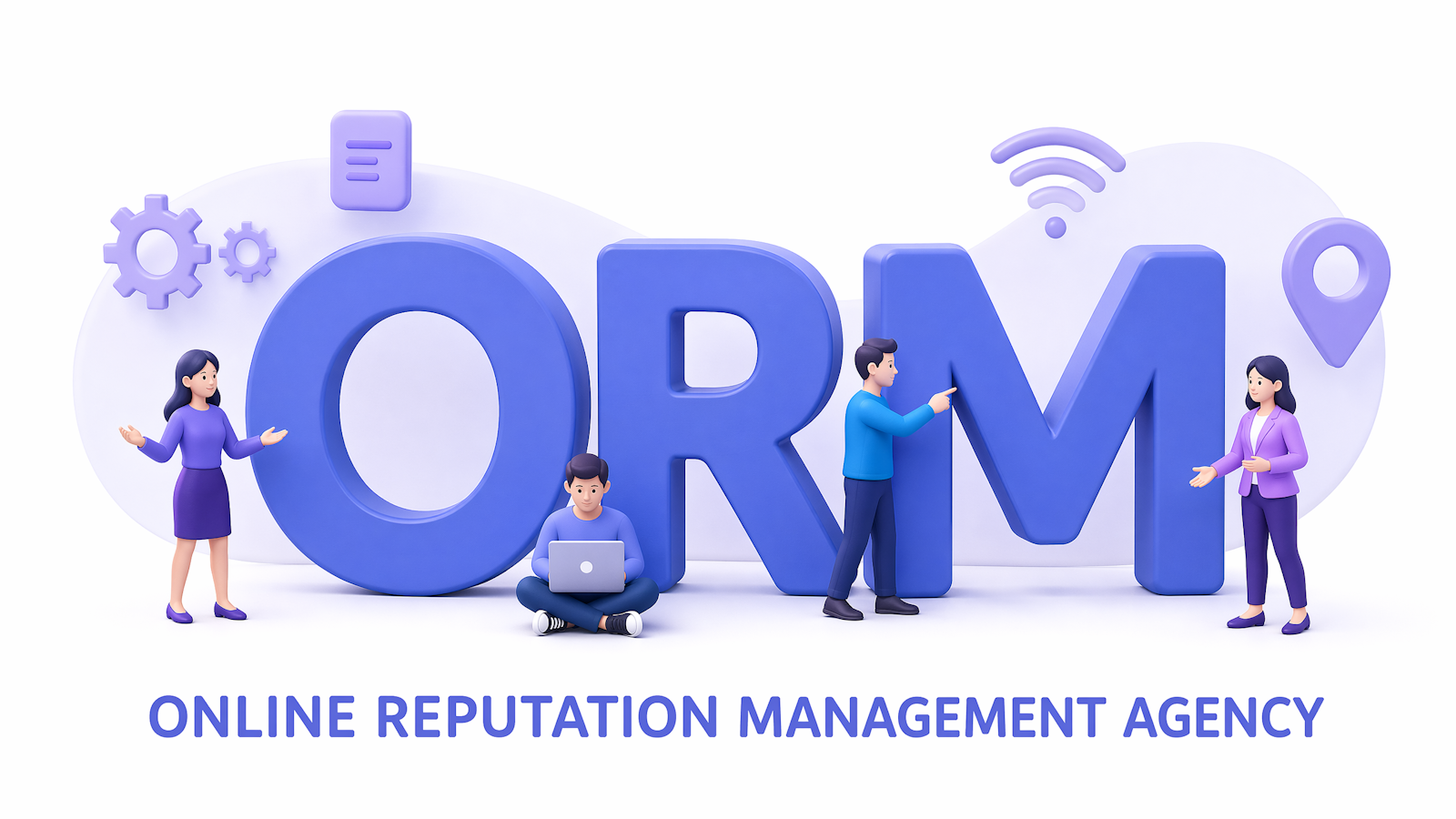 3D illustration of four people working around large ORM letters with gear, document, WiFi, and location pin icons, captioned 