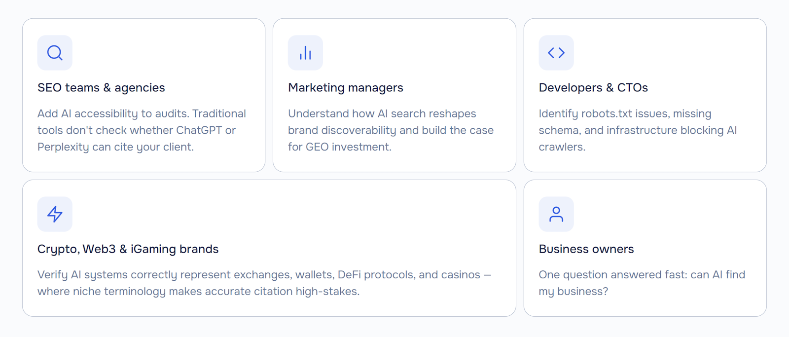 AI visibility checker use cases: SEO agencies, marketing managers, developers and CTOs, crypto and iGaming brands, and business owners — each with a specific AI search optimization need.