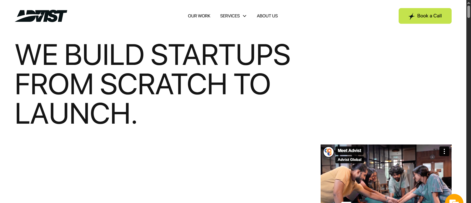 Advist Global Web3 startup marketing agency homepage with minimal white design and headline "We Build Startups From Scratch to Launch".