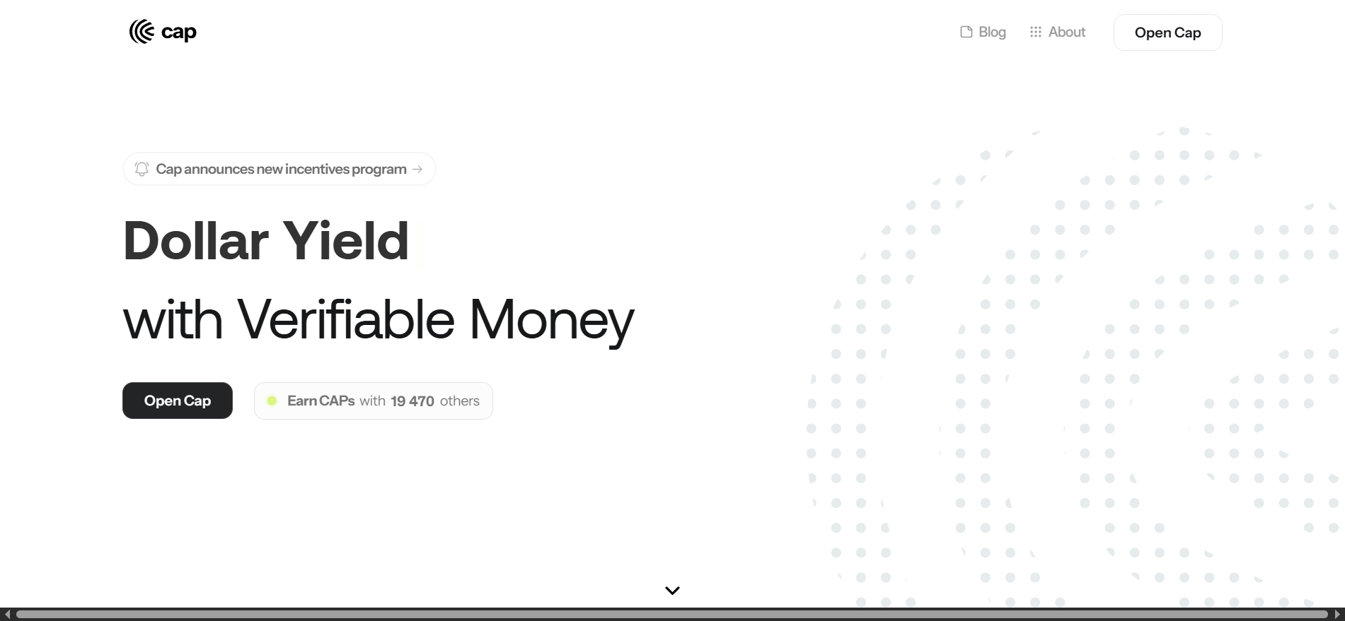 Homepage di CAP — Dollar Yield with Verifiable Money, una stablecoin che genera rendimento tra le migliori presale crypto giugno 2026.