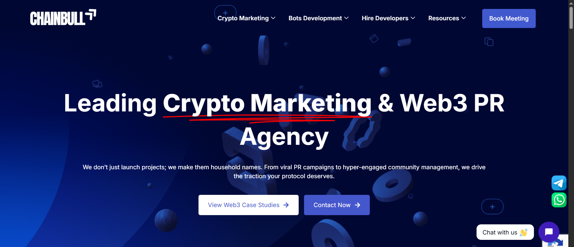 Chainbull crypto marketing and Web3 PR agency homepage with 3D blockchain visuals and headline emphasizing viral PR and community management.
