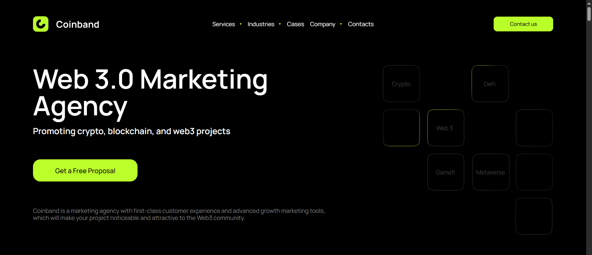 Coinband Web3 marketing agency homepage promoting crypto, DeFi, GameFi and metaverse projects with neon green branding and service category tiles.