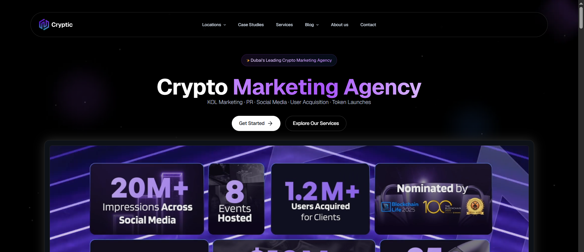Cryptic crypto marketing agency homepage showing 20M+ social media impressions, 1.2M+ users acquired, and Dubai-based KOL marketing services.