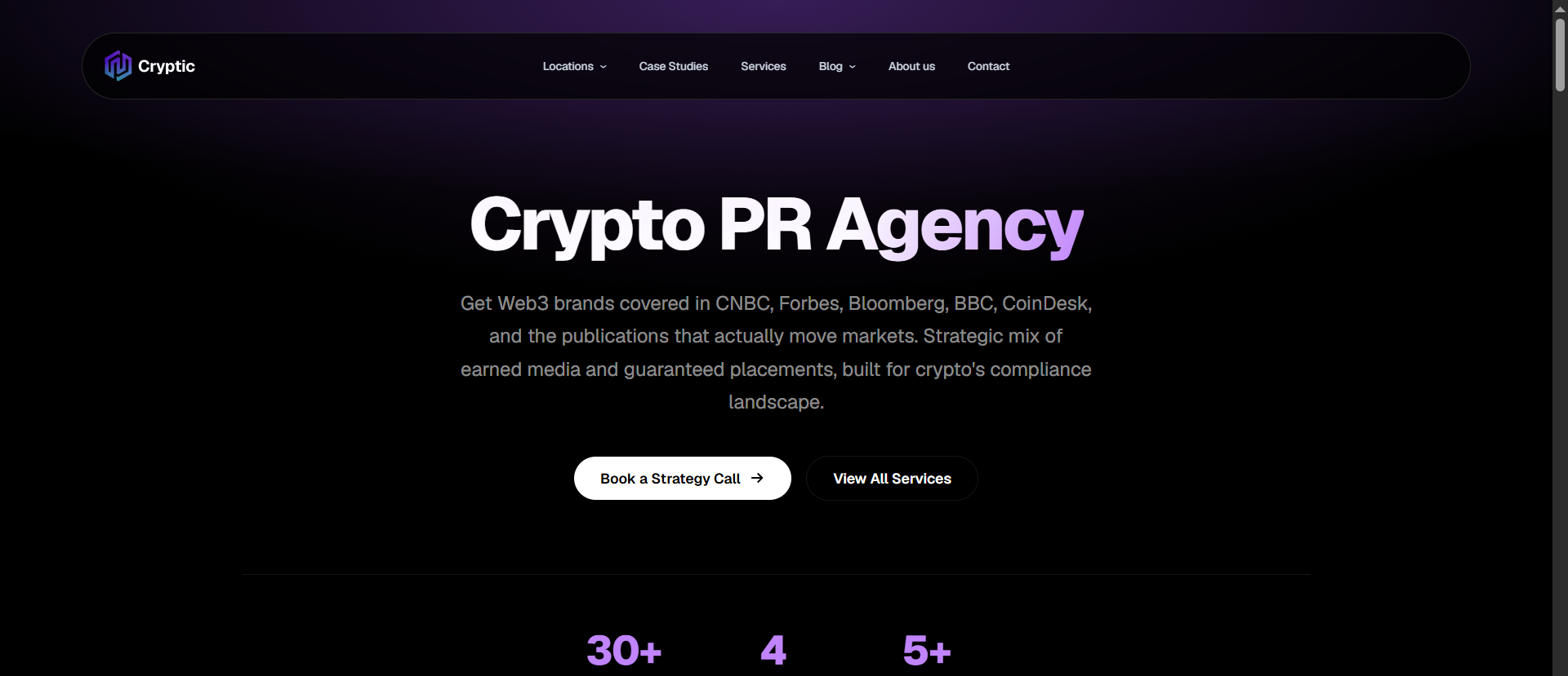 Cryptic crypto PR agency homepage listing earned media placements in CNBC, Forbes, Bloomberg, BBC, and CoinDesk with strategic Web3 coverage.