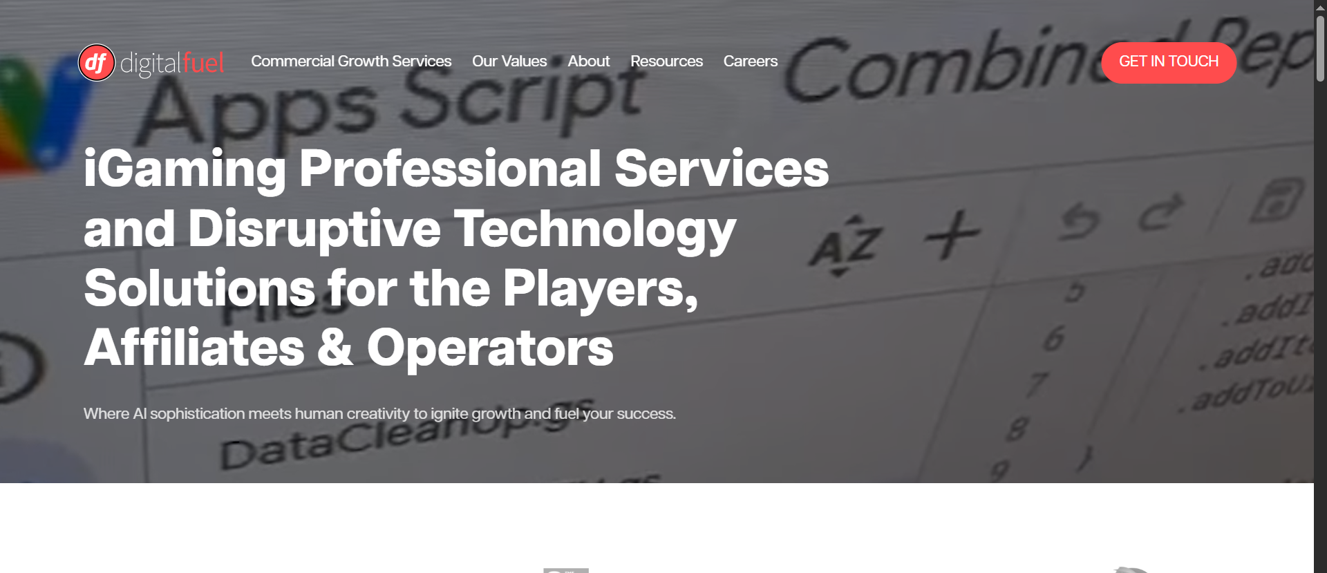 Digital Fuel homepage — iGaming professional services combining AI and human creativity for players, affiliates, and operators.