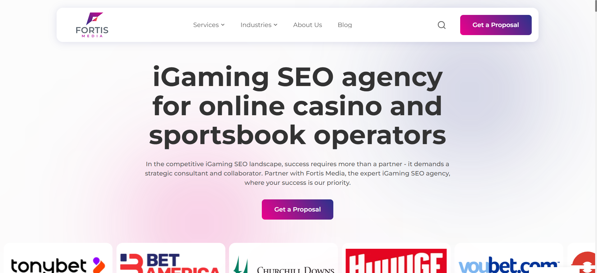 Fortis Media iGaming SEO agency homepage for online casino and sportsbook operators, showing client logos TonyBet, BetAmerica, Churchill Downs, and Huuuge.