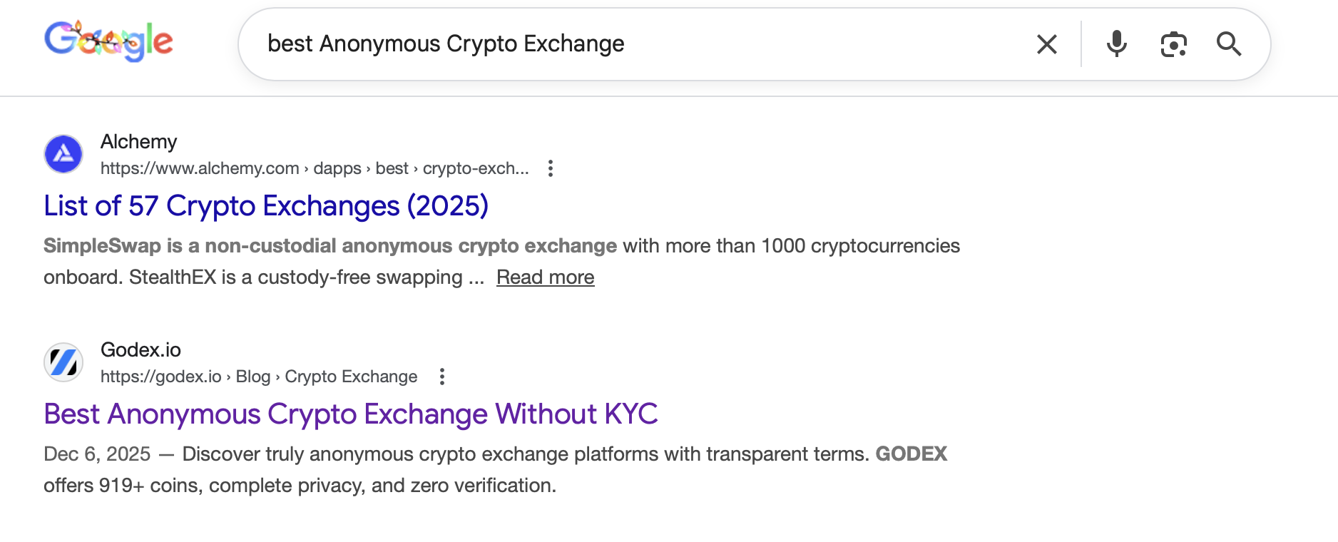 Google SERP for "best anonymous crypto exchange" in the US market — Godex ranking in the top 5 organic results.