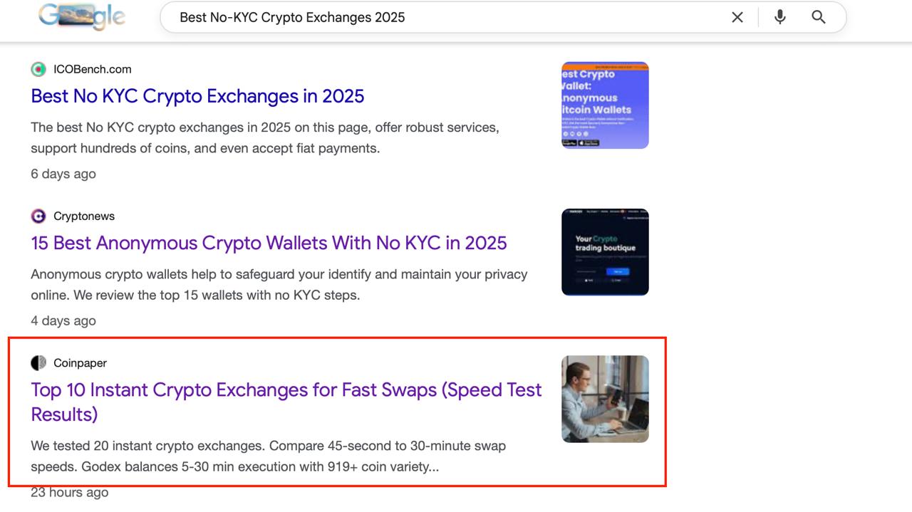 Google search results for "best no-KYC crypto exchanges 2025" — Godex appearing in a top-ranked article about KYC-free platforms.