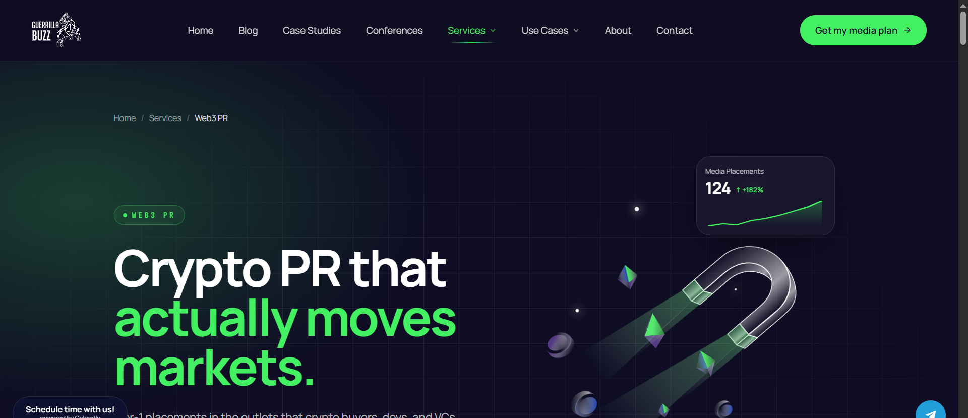 GuerrillaBuzz crypto PR agency services page showing 124 media placements counter and headline "Crypto PR that actually moves markets" targeting blockchain and Web3 projects.