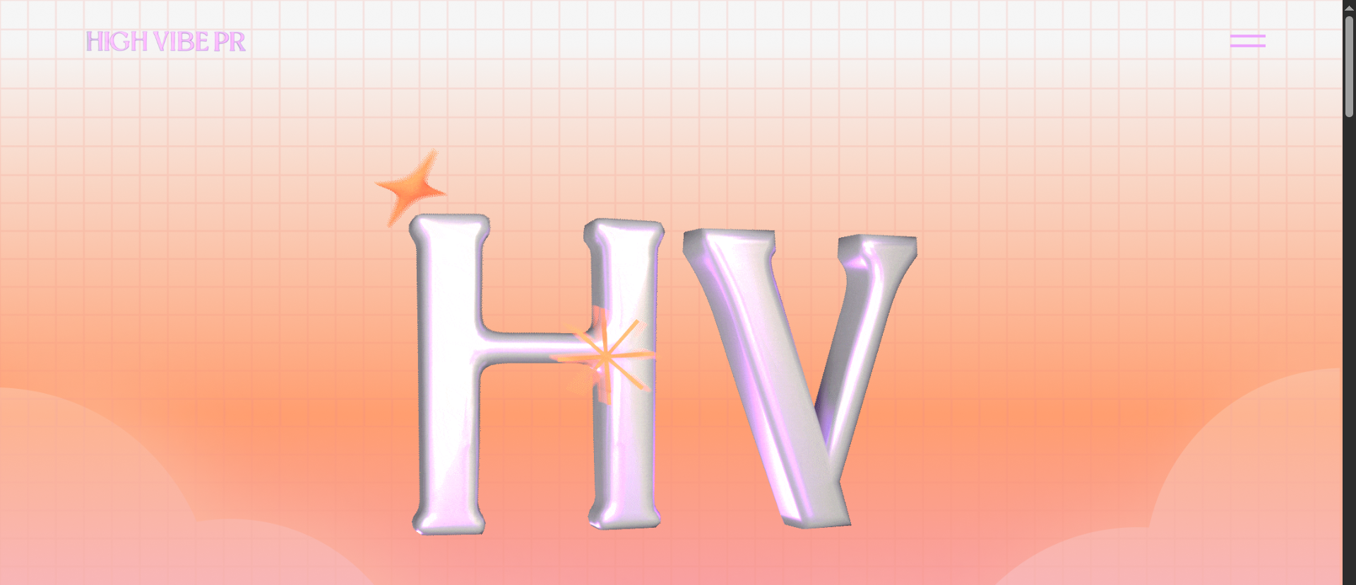 High Vibe PR crypto PR agency page featuring holographic HV logo on gradient pink-orange background at highvibepr.com/crypto-pr-agency.