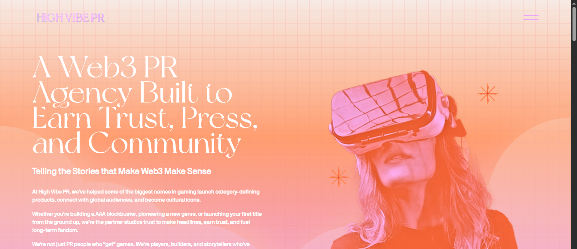 High Vibe PR boutique Web3 agency brand identity page with 3D chrome HV logo on pastel gradient background.