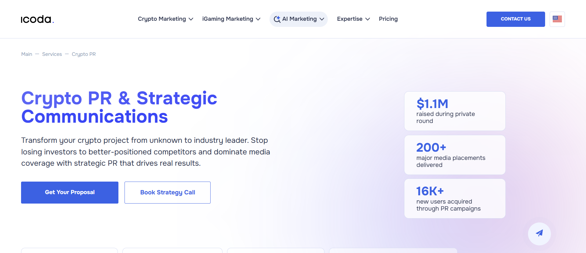 ICODA crypto PR and strategic communications service page showing $1.1M raised, 200+ media placements delivered, and 16K+ new users acquired through blockchain PR campaigns.