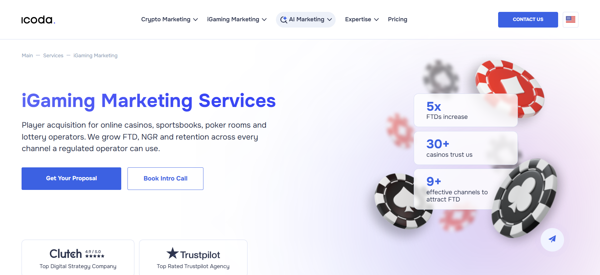 ICODA iGaming marketing services page citing 5x FTD increase, 30+ casino clients, and 9+ player-acquisition channels, with Clutch 4.9/5.0 and Trustpilot badges.