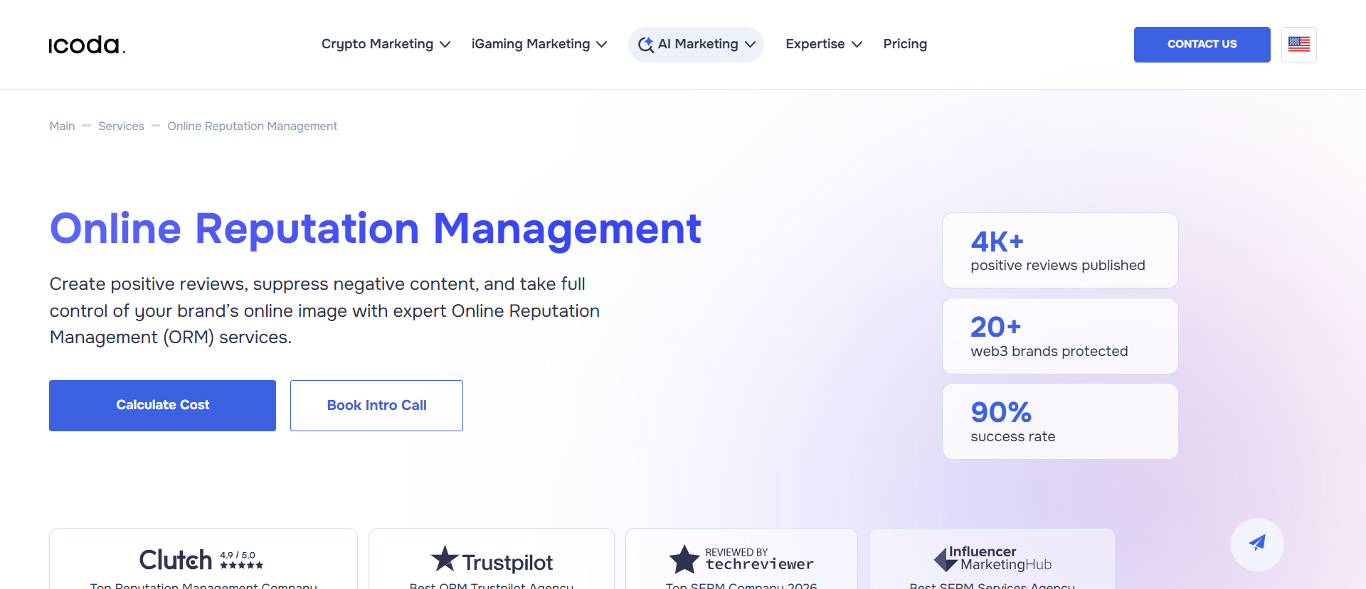 ICODA online reputation management service page displaying 4K+ positive reviews published, 20+ Web3 brands protected, and 90% crisis success rate, with Clutch and Trustpilot verification badges.